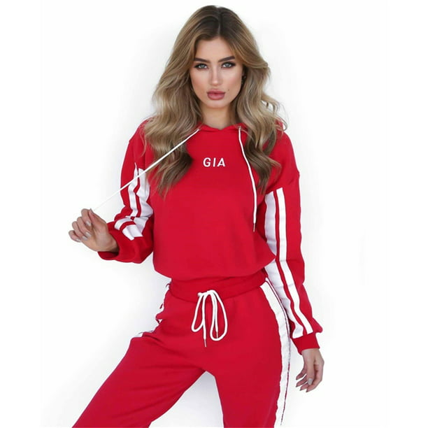 Women Splice Cropped Pullover Sweatshirt and Side Striped Pants Tracksuit Sets 